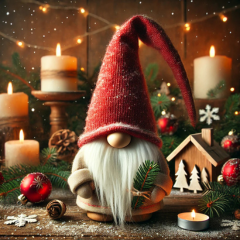 Egy skandináv manó karácsonyi hangulattal, a háttérben gyertyák